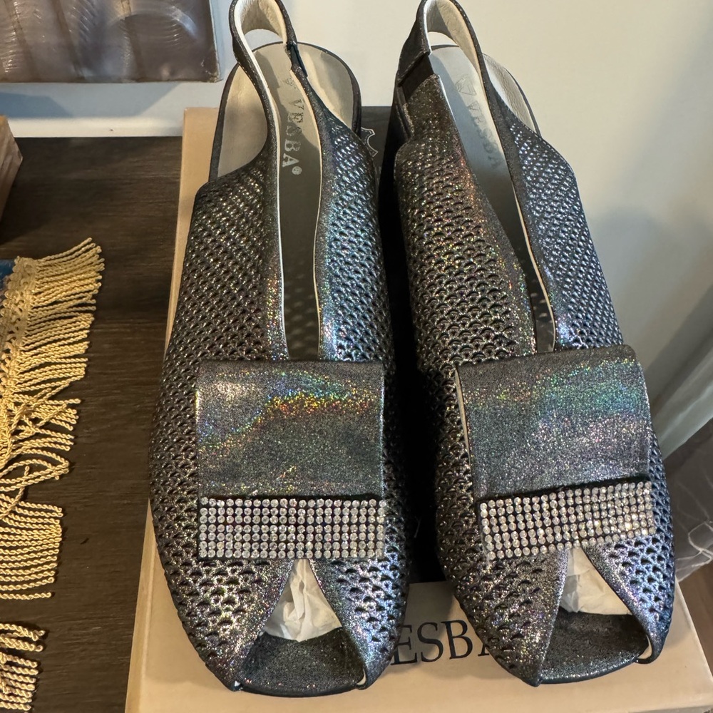 Elegant Dark Grey Silver Leather Peep-Toe Sling Women's Shoes